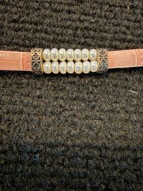 STERLING SIGNED PINK LEATHER GENUINE PEARL BEACELET 6.75-7.75 INCHES